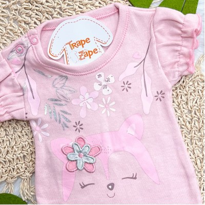 Kit 3 Peças - Bodys Manga Curta Cachorrinha com Flores - Rosa, Off White e Rose